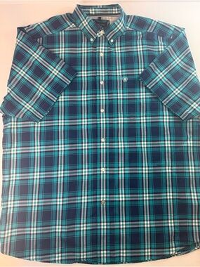 NWOT Ariat Pro Series Men's XLT Tall Vented Short Sleeve Button Down Teal Plaid